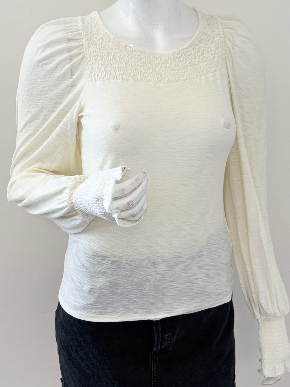 Nation LTD Abigail Smocked Long Sleeve Tee Slub Puff Shoulder Peasant Top